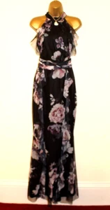 Lipsy Floral Maxi Dress 12 Black Mesh Halter Neck Party Wedding Occasion Summer - Picture 1 of 17