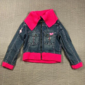 Baby Phat Jacket Girl Large Blue Denim Jean Pink Accents Logo Patches Youth Kids - Picture 1 of 24