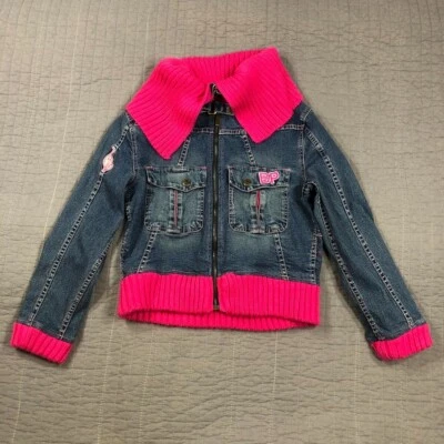 Chaqueta Baby Phat Niña Grande Azul Denim Jean Rosa Acentos Logo Parches Jóvenes Niños Foto 1 de 4