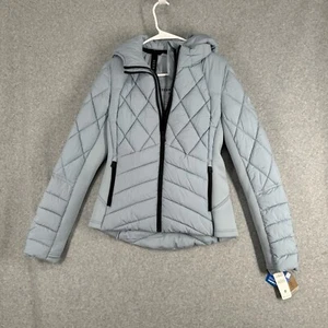 Bernardo EcoPlume Puffer Jacket Womens Small Blue Double Zip Packable Hood NWT - Picture 1 of 17