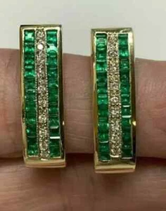 2Ct Princess Cut Lab-Created Emerald Hoop Earrings Womens 14k Yellow Gold Plated - Picture 1 of 10