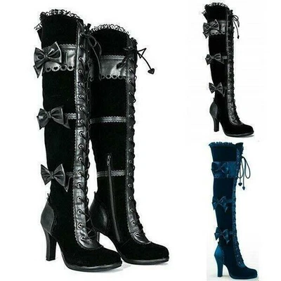 Women High Heel Gothic Lace Up Thigh High Pirate Boots Bowtie Shoes - Image 1 of 4