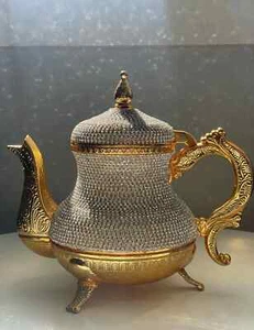 Turkish Handmade Swarovski Crystals Coated Copper Teapot Home Decor Gold Color - Picture 1 of 9