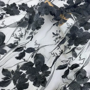 BLACK Flowers Embroidered Tulle Mesh Lace Fabric for Cocktail Dress, Prom Dress - Picture 1 of 6