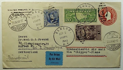 1940 Uprated Trans-Atlantic Clipper Airmail Cover Oswego NY - Zurich Switzerland - Image 1 of 2