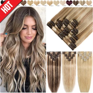 Balayage Clip In Real Remy Human Hair Extensions 8 Pieces Full Head Straight USA - Picture 1 of 34
