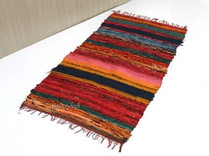2x3 FT Hand Woven Colorful Cotton Chindi Rug Floor Decor Runner Door Mat Rag Rug - Picture 1 of 9