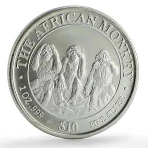 Somalia 10 dollars African Wildlife Three Monkeys Fauna Matte silver coin 2001 - Picture 1 of 6