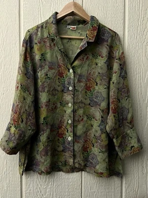 Blusa para mujer Tianello Aida G-939 para mujer’s M arrugada floral botón delantero - transparente Foto 1 de 4