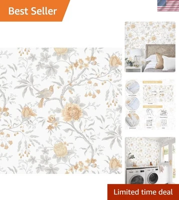 Boho-Grey Floral Wall Paper - Easy Removable Self-Adhesive Decor 17.3" x 78.7" - Image 1 of 4