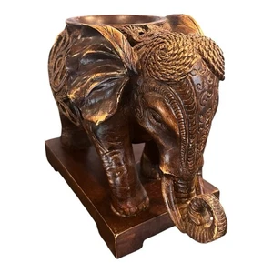 Detailed Elephant Sculpture on Base Dark Wood Tone Pot Holder - Picture 1 of 7