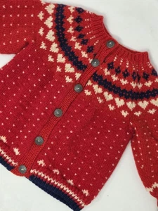 Suéter de Lana Noruego Husfliden Rojo Cárdigan Tejido a Mano Niña Pequeña DE COLECCIÓN - Imagen 1 de 7