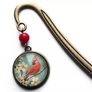 Vintage Cardinal Bookmark - Bronze and Glass Cabochon - Imagen 1 de 4