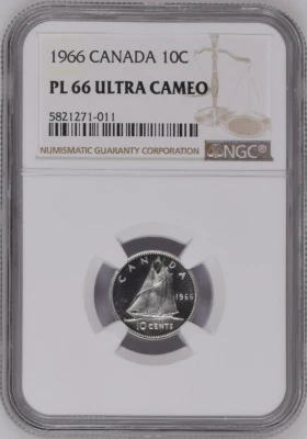 :1966 SILVER DIME ELIZABETH-II 10C CANADA KM#51 NGC PL-66 HEAVY/ULTRA-CAMEO - Image 1 of 2