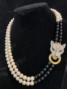 Vintage High End Black Panther Enamel Rhinestone Glass Faux Pearl Necklace - Picture 1 of 8