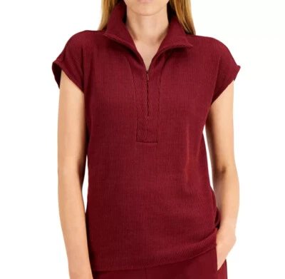 Suéter Polo Alfani Petite Sólido Cuarto Cremallera Tejido Acanalado Top Rojo Bahía Talla PP Foto 1 de 3