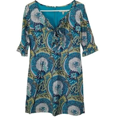 Beth Bowley Women's Blue & Green Floral Print Ruffle Collar Sheath Dress Size 4 - Image 1 of 4