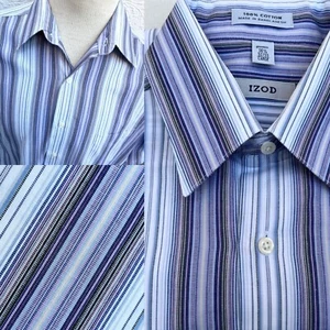 Purple White Shadow Stripe Cotton Casual Shirt 16.5" 32/33" Long Sleeve Y2K IZOD - Picture 1 of 23