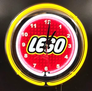 Insegna Lego 15" Doppio Neon Orologio da Parete Giallo Neon - Foto 1 di 3