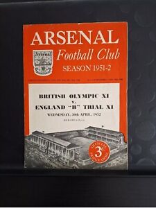 1952 BRITISH OLYMPIC XI V ENGLAND B TRIAL XI FOOTBALL PROGRAMME AT ARSENAL