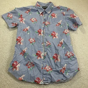 Bonobos Slim Fit Kurzarm Hemd Herren L Blumen Blau Streifen Lebendig Button Down - Bild 1 von 5