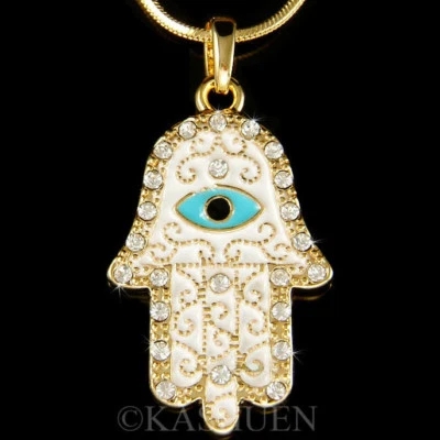 Weiß Hamsa Hand Türkis Teufelsauge mit Swarovski Kristall Gold TN Halskette - Bild 1 von 2