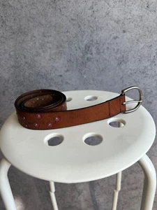 Vintage Women’s Leather Studded Rivetted Flowers Belt Brown Y2K Casual - Picture 1 of 16