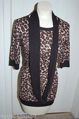 Camisa túnica larga para mujer MARRÓN ESTAMPADO LEOPARDO panel de encaje trasero BUFANDA NEGRA S 4-6 Foto 1 de 3