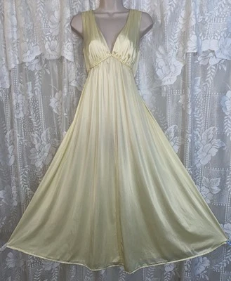 VTG 32 34 Lemon Yellow Vanity Fair Silky Soft Nylon Nightgown w Long Braided Tie - Image 1 of 4