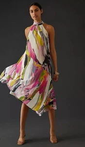 Anthropologie Seide Neckholder asymmetrisch Midikleid bunt gefüttert - Large - Bild 1 von 8