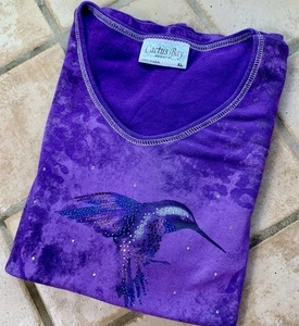 Cactus Bay Purple Hummingbird Floral Print 3/4 Sleeve Top XL Made in USA - Picture 1 of 8