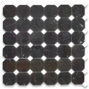 N805XP Nero Marquina Black Marble 2" Octagon Mosaic Tile Thassos White Polish - Picture 1 of 5