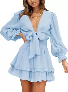 Alvaq Womens Spring Summer Knot Front V Neck Ruffles Long Sleeve Floral Print Sw - Picture 1 of 6