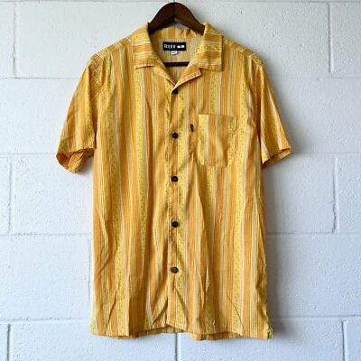 Reef Vintage Yellow Striped Collared Button-Down Short Sleeve T-Shirt Mens Small - Image 1 of 4