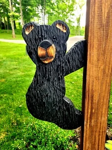 Wood Hanging Bear Post Sign, Chainsaw Carving, Rustic Outdoor Signs, Cabin Decor - Picture 1 of 10