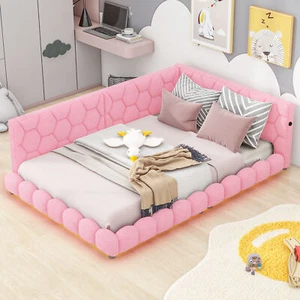 Upholstered Full Size platform bed with USB Ports and LED belt, Pink - Picture 1 of 12