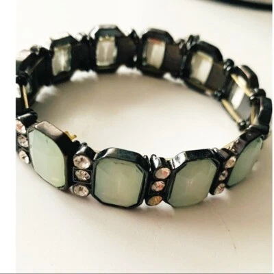 Vivi Cookie Lee Jewelry green glass & rhinestone stretch bracelet Whimsigoth - Image 1 of 4