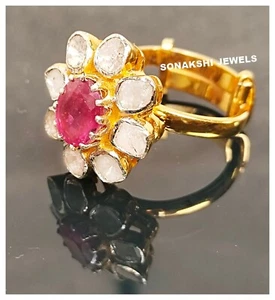 Ruby And Diamond Polki Ring 925 Silver Handmade Design Floral Ring Gift For Her - Picture 1 of 9