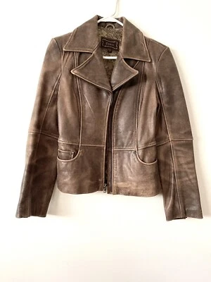 Chaqueta con cremallera vintage Guess de cuero genuino envejecido marrón para mujer S Foto 1 de 4