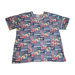 Peaches Think Pink Ribbon Blue Yellow Hope Scrub Top 100% Cotton XS - Picture 1 of 9
