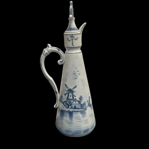 Antique Delft Ewer Oil Vinegar Decanter Bottle Hand Painted Blue White Windmill - Picture 1 of 7