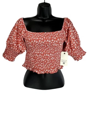 BILLABONG Coastal Sands Puff Sleeve Crop Top Sz L Red White Floral Smock Cotton - Image 1 of 4