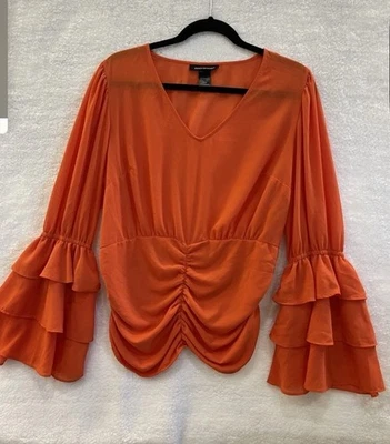 Ashley Stewart Naranja Acanalado Semi Transparente Sexy Boho Romántico Manga Volantes Top Foto 1 de 4