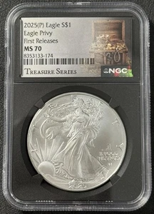 2025 American Silver Eagle Eagle Privy Mark NGC MS 70 Treasure Series FR Black C - Picture 1 of 3