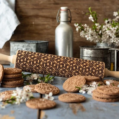 STODOLA Embossed Rolling Pin with FlowerArt Pattern – Engraved Cookie Design - Image 1 of 4