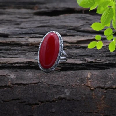 Fine Red Coral Gemstone 925 Sterling Silver Handmade Ring All Size K-50 - Image 1 of 4