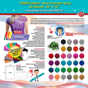 SISER GLITTER HEAT TRANSFER VINYL, 24 SHEETS, 20"x12", ASSORTED COLORS BUNDLE - Picture 1 of 8