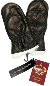 Ladies Cire White Rabbit Fur Lined Leather, Black, Small - Picture 1 of 4