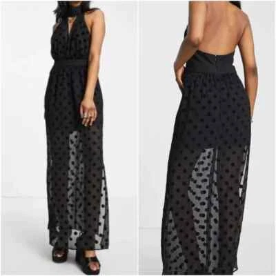 Nuevo con etiquetas Maxi Vestido Topshop Talla 12 Mujer Negro Lunares Halter Sin Mangas Espalda Baja Foto 1 de 4