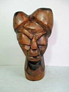 Heavy Hand Carved African Iron Wood Wooden Statue - Head with Hat  16 1/2" Tall - Picture 1 of 12